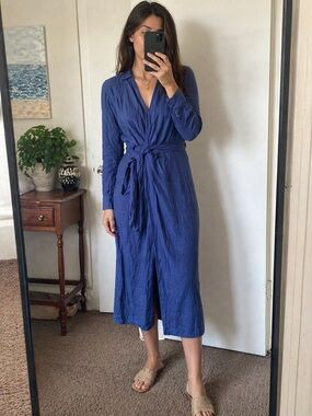 Magaschoni 100% Linen Blue Wrap Midi Dress Size 6 Lightweight Summer